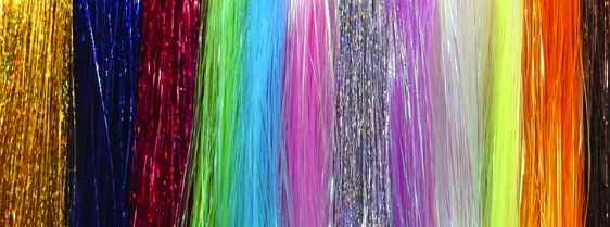 Close up of different types of Monoflash fly tying material